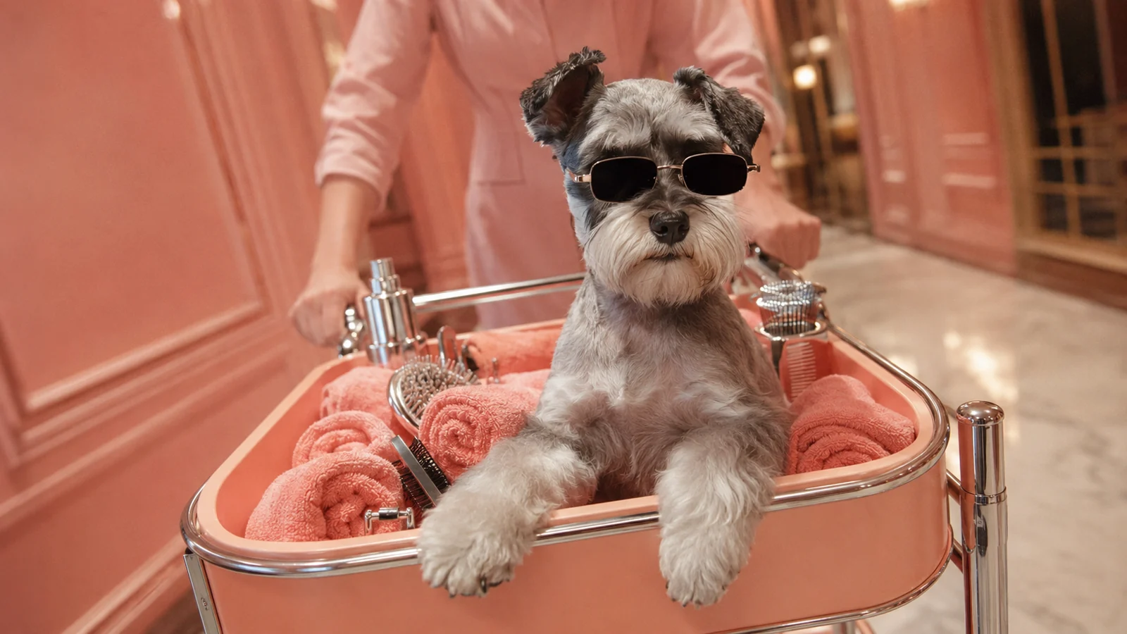 Dog in sunglasses riding a grooming cart
