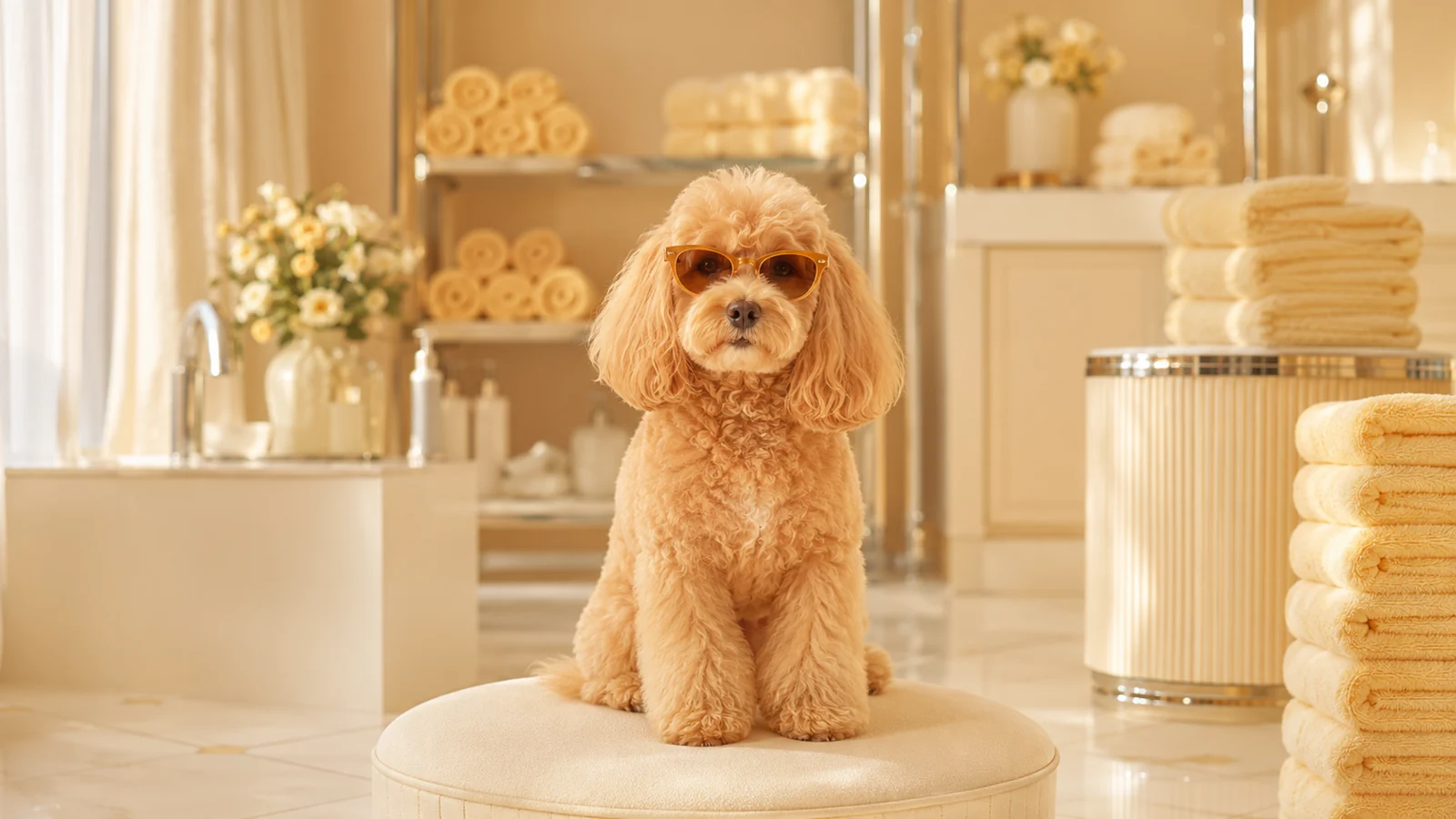 Poodle in sunglasses in a bright grooming salon