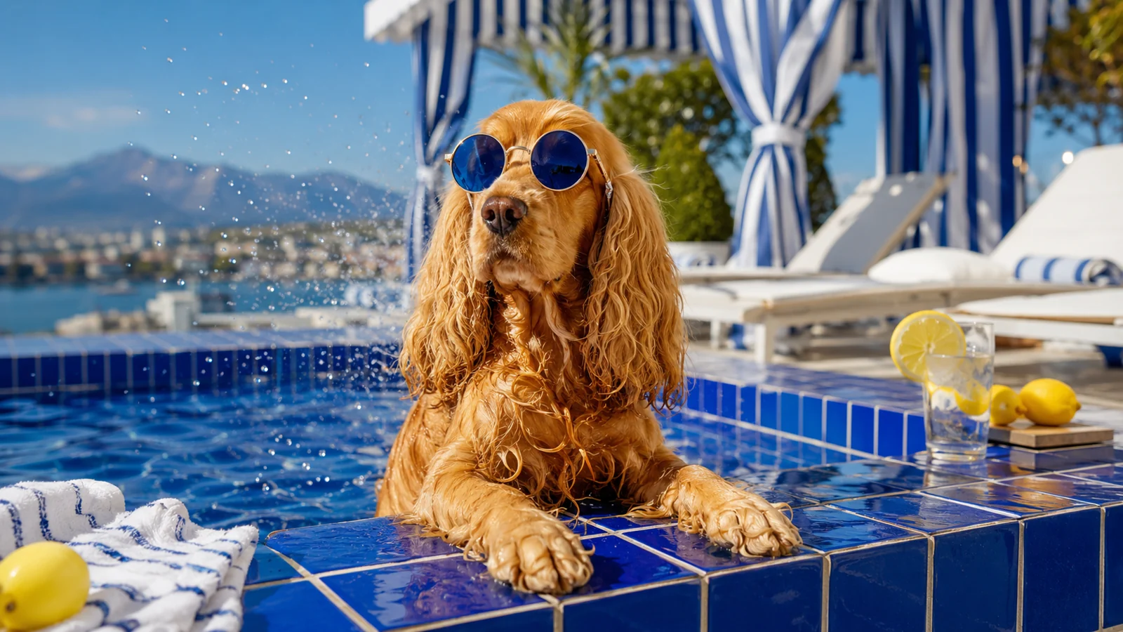Dog in sunglasses by a summer pool