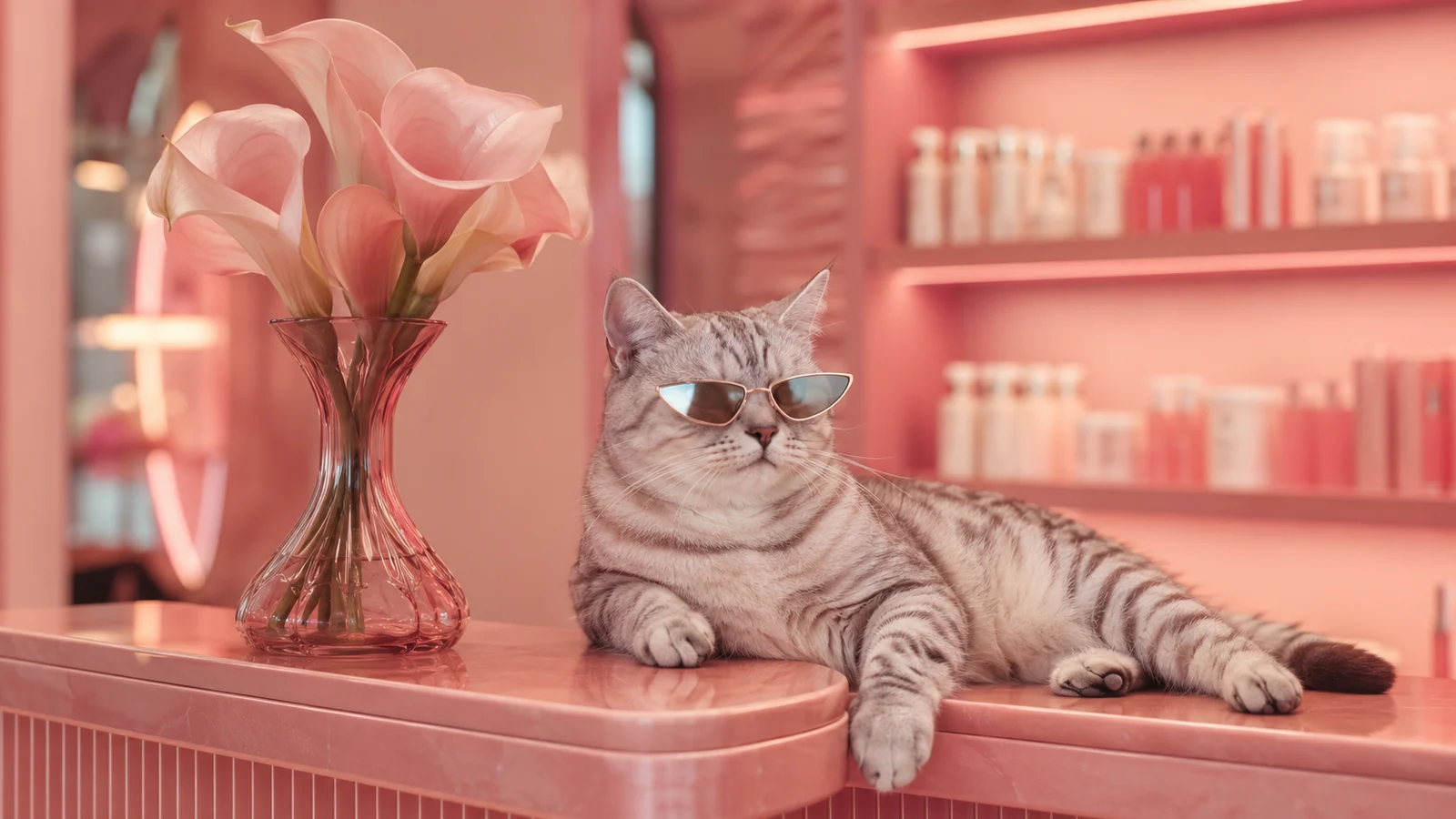 Cat in sunglasses on a pink salon counter