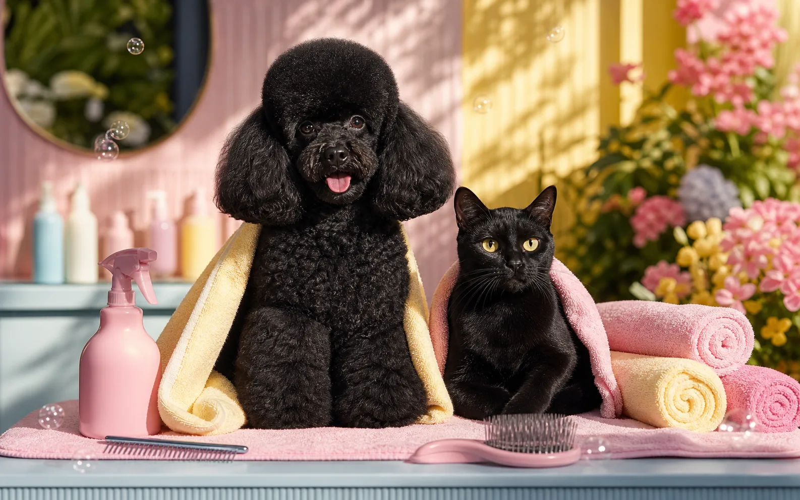 Black poodle and black cat in a bright summer grooming scene
