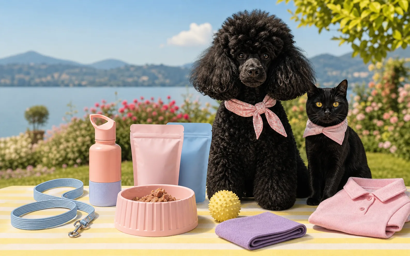 Black poodle and black cat with summer food and accessories