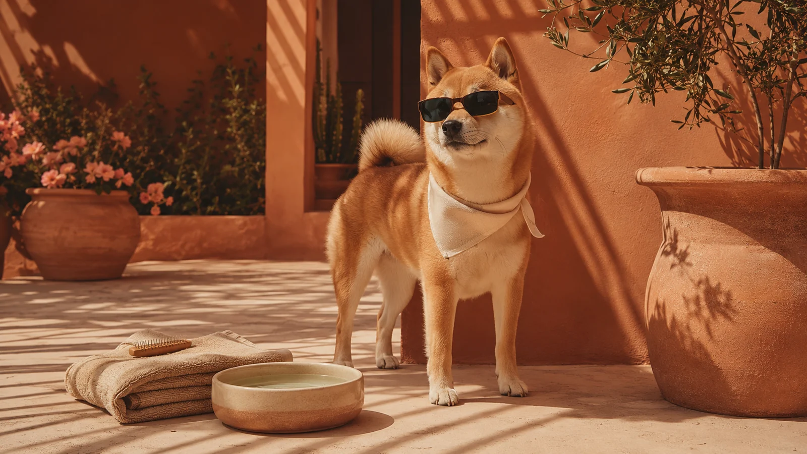 Dog in sunglasses on a warm summer patio